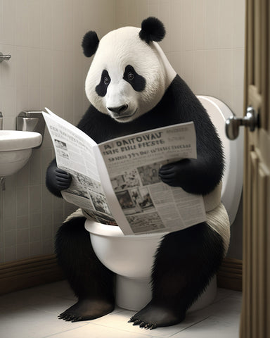 Panda Reading a Newspaper on Toilet