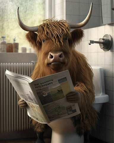 Highland Cow Reading a Newspaper on Toilet No2