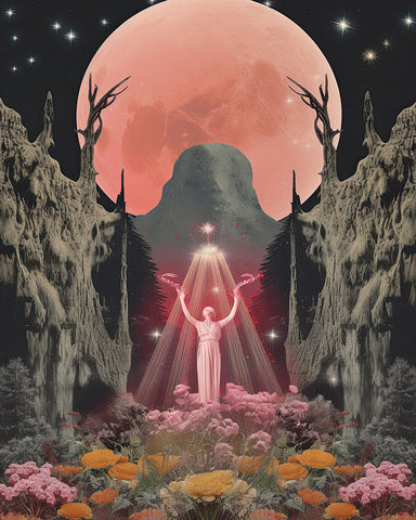 Pink Moon Over Flower Garden