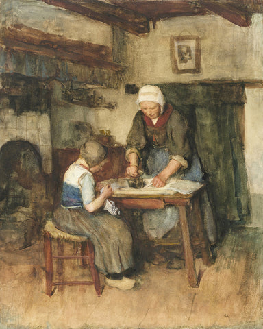 Interior with Woman Ironing and Sewing Child