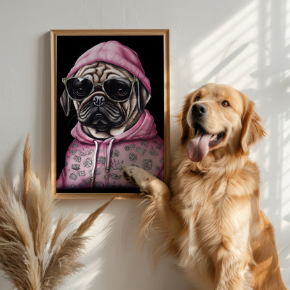 Pug in Sunglasses & Pink Hoodie No1