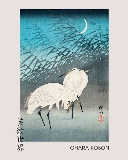 Egrets and Reeds in Moonlight