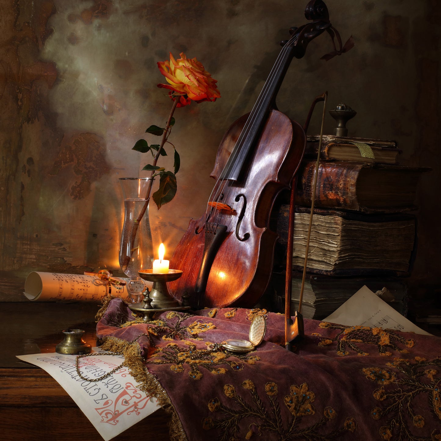 Still Life with Violin and Rose