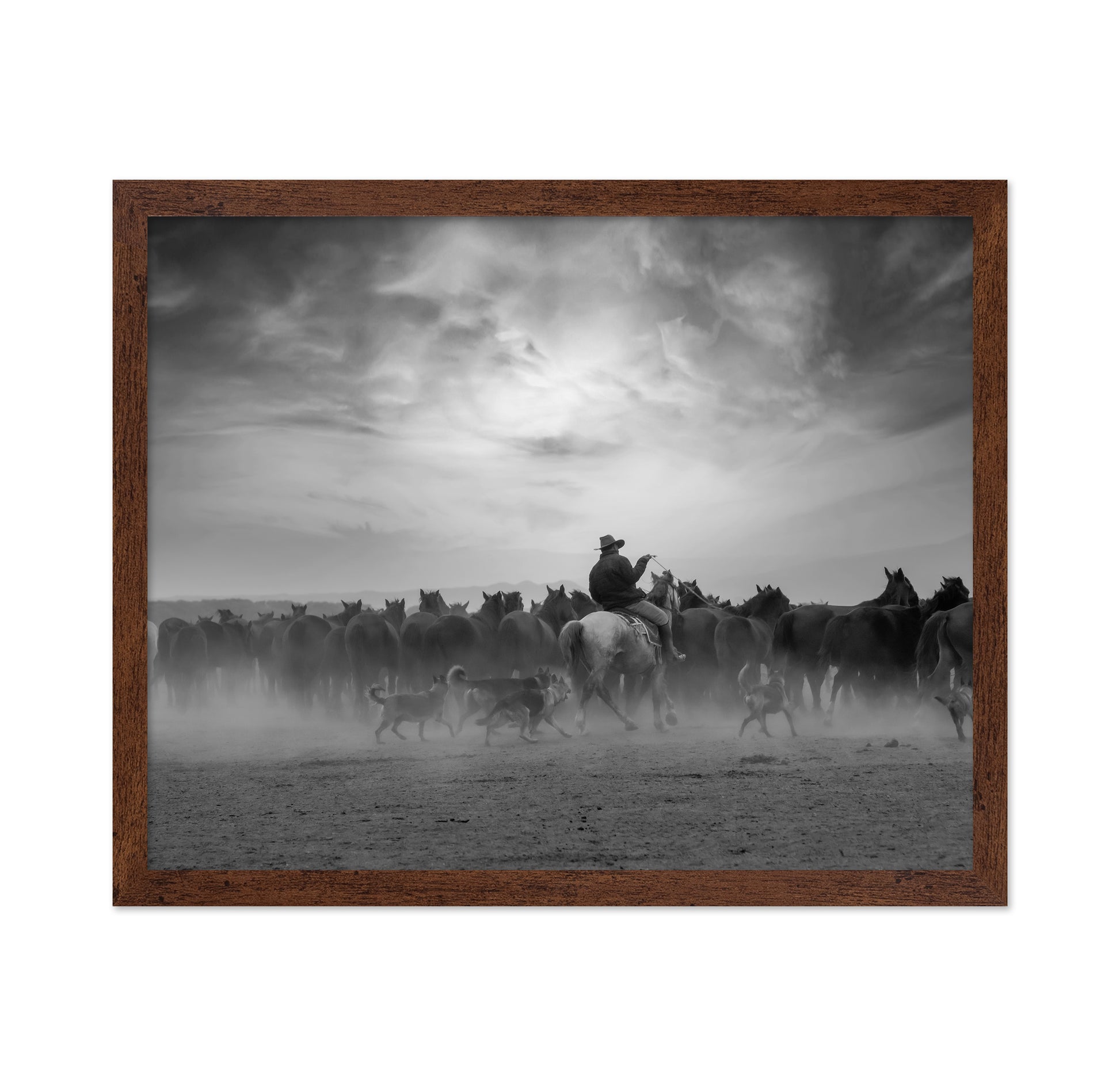Cowboy Riding with Wild Horses