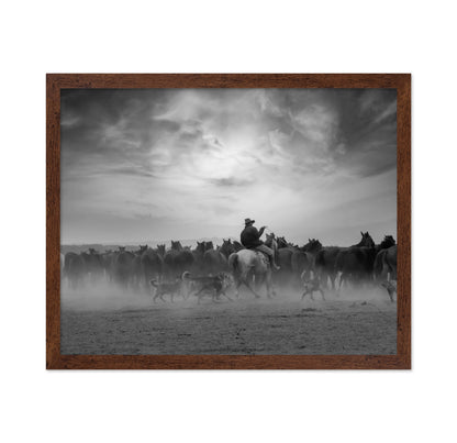 Cowboy Riding with Wild Horses