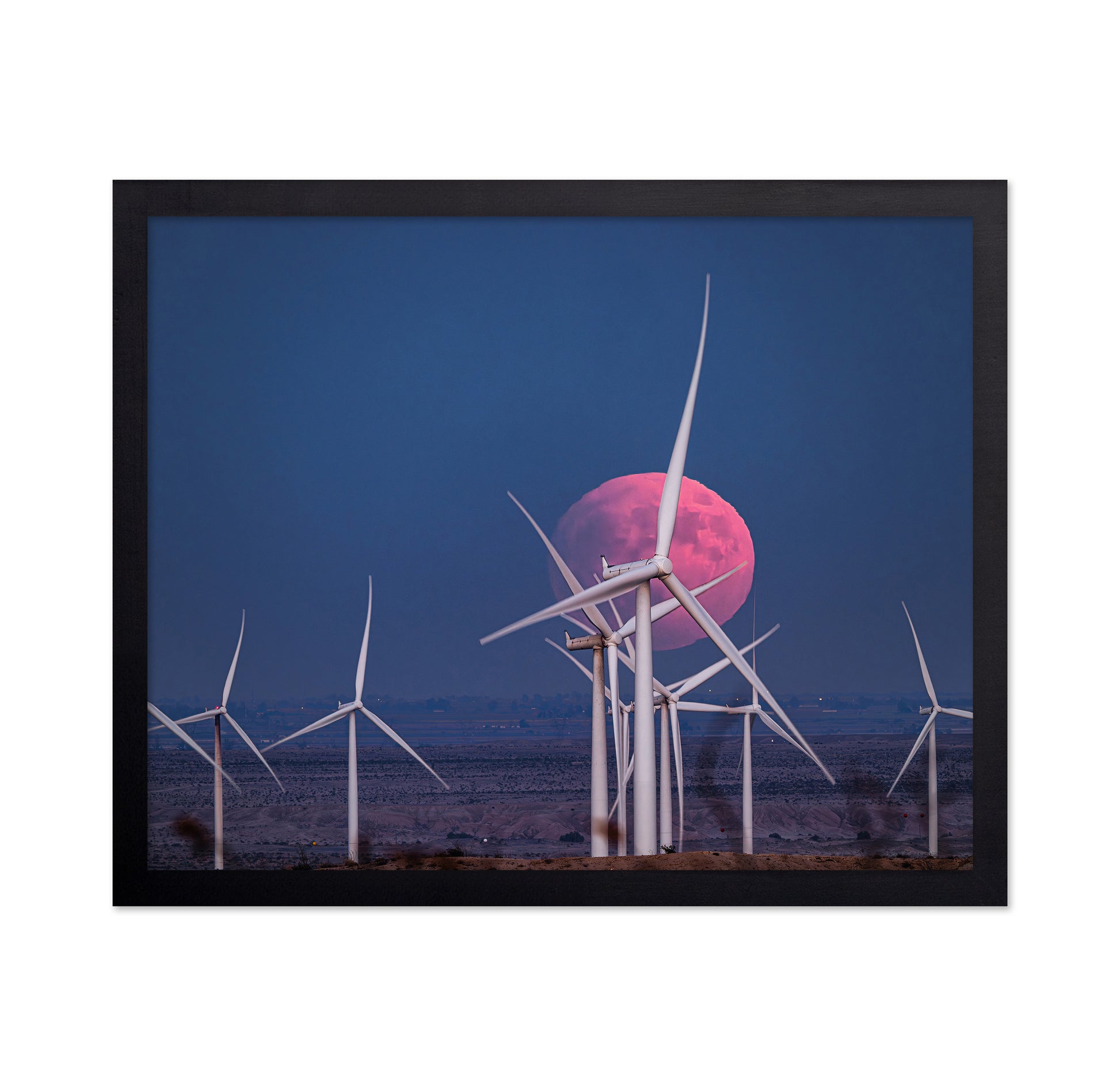 Blood Moon Rising Over a Wind Farm