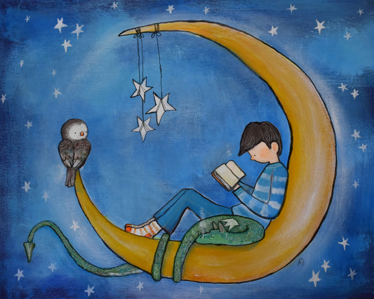 Boy Reading on Moon