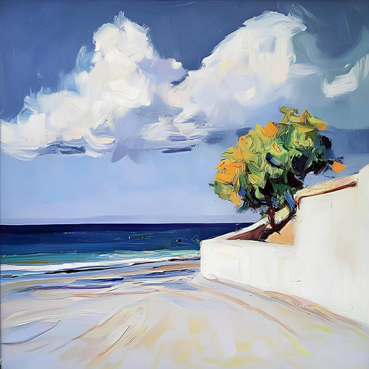 Serene Beach View with a Tree and Dramatic Clouds