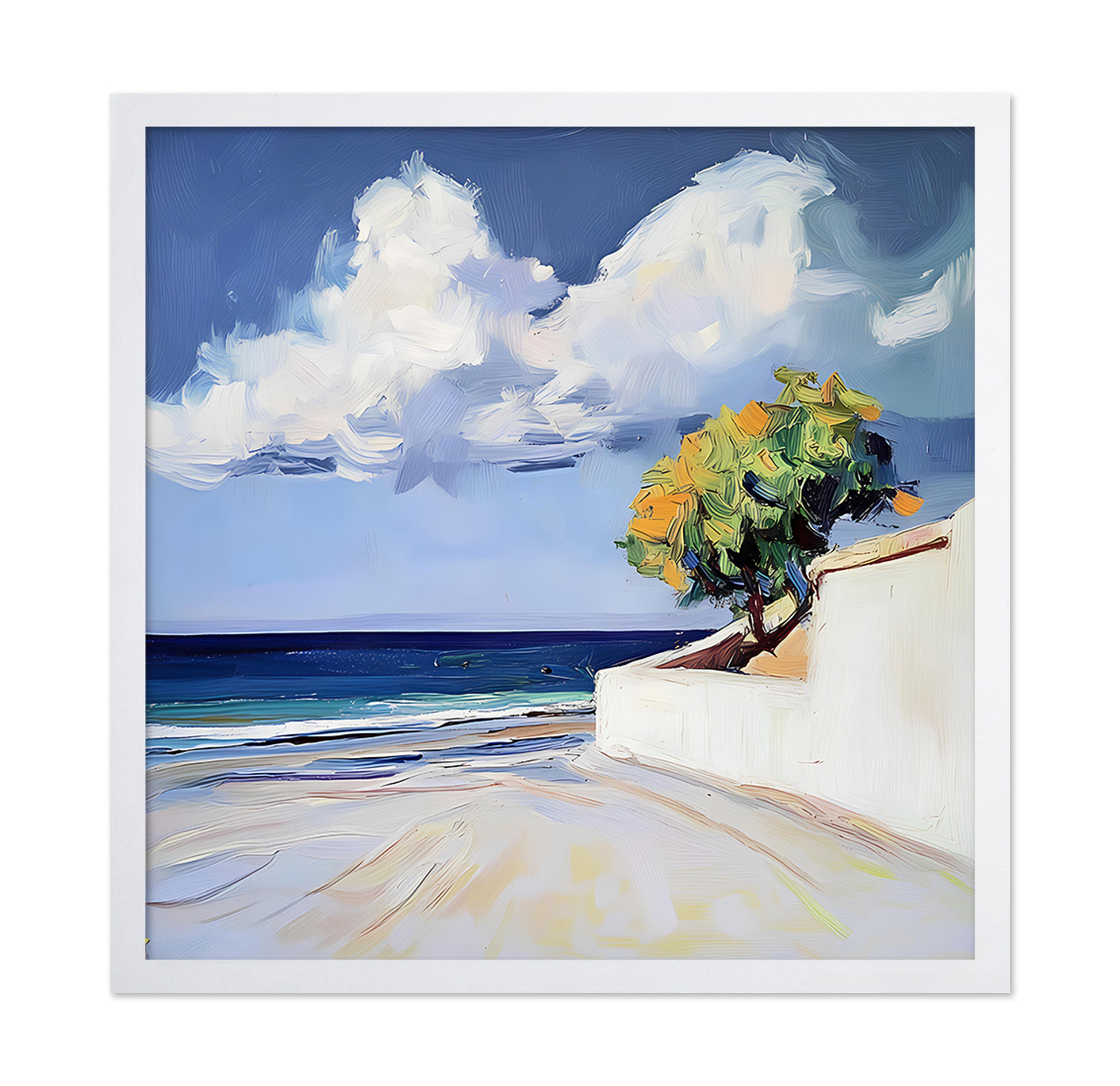 Serene Beach View with a Tree and Dramatic Clouds