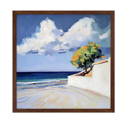 Serene Beach View with a Tree and Dramatic Clouds