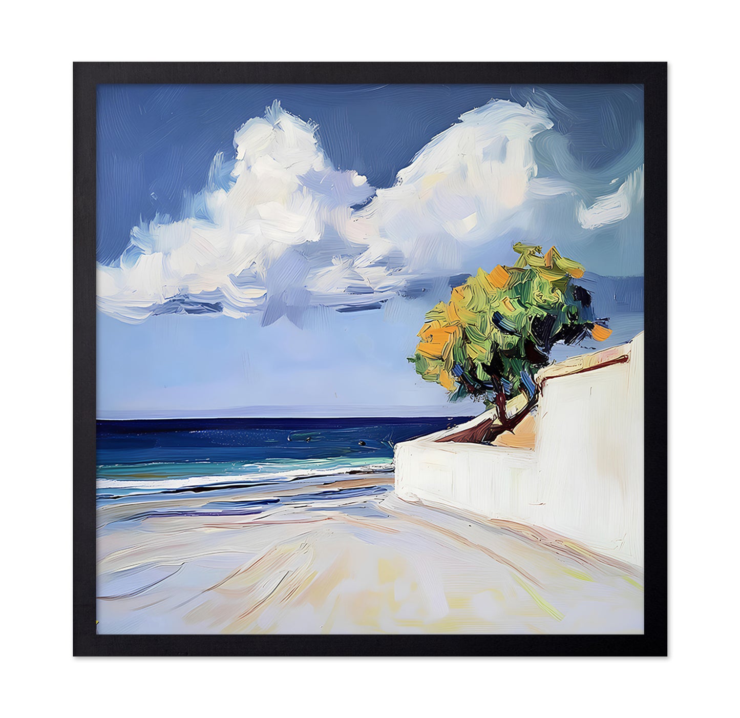 Serene Beach View with a Tree and Dramatic Clouds