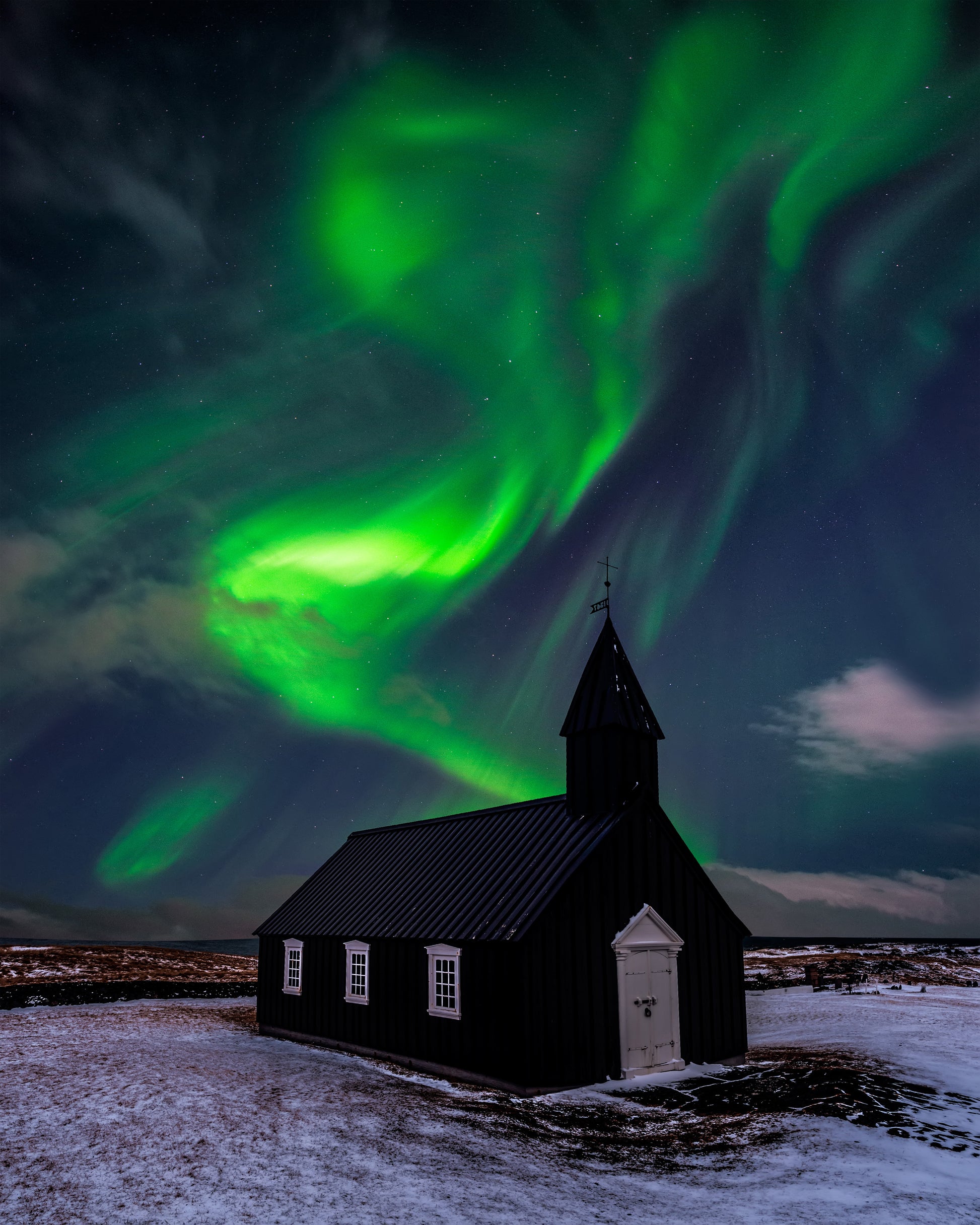 Small Church Under Northern Lights