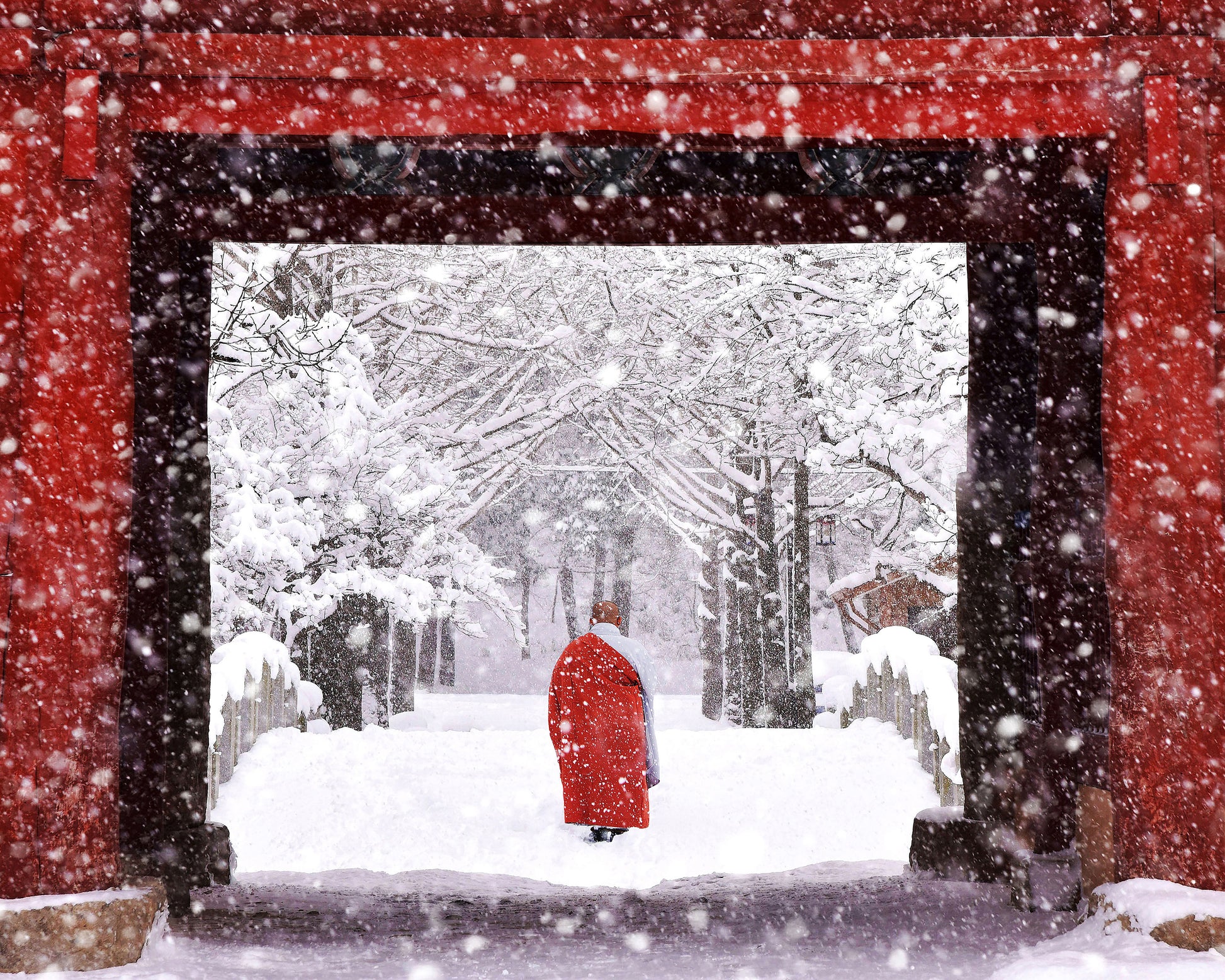 Monk In Snowy Day
