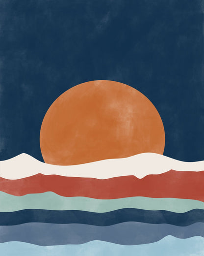 Large Orange Sun Setting Over Stylized Waves