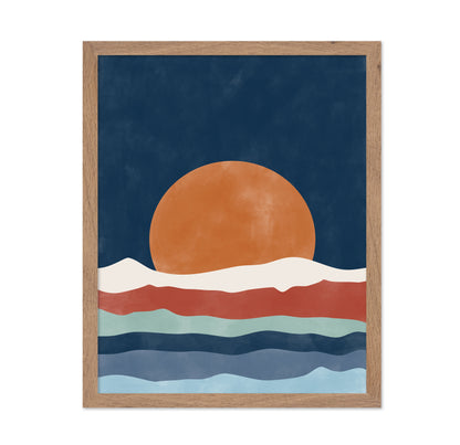 Large Orange Sun Setting Over Stylized Waves