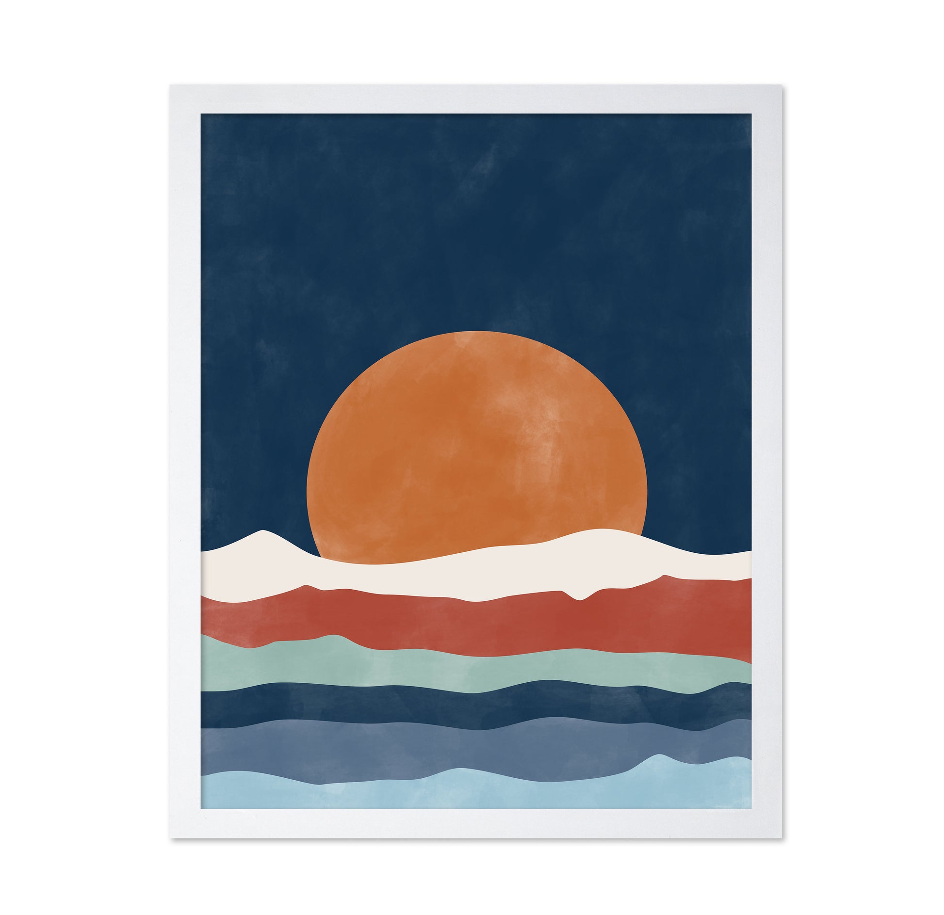 Large Orange Sun Setting Over Stylized Waves