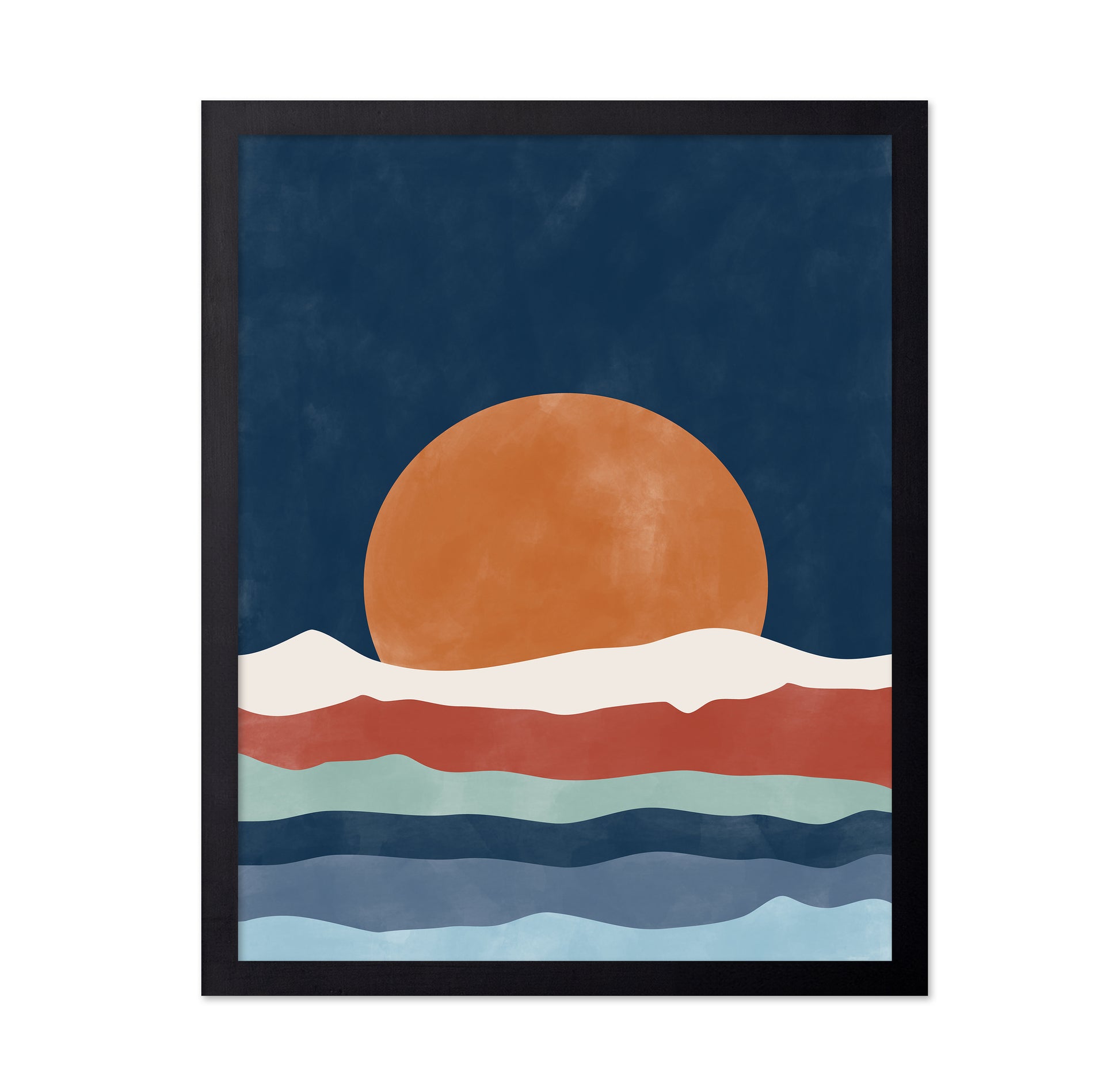 Large Orange Sun Setting Over Stylized Waves