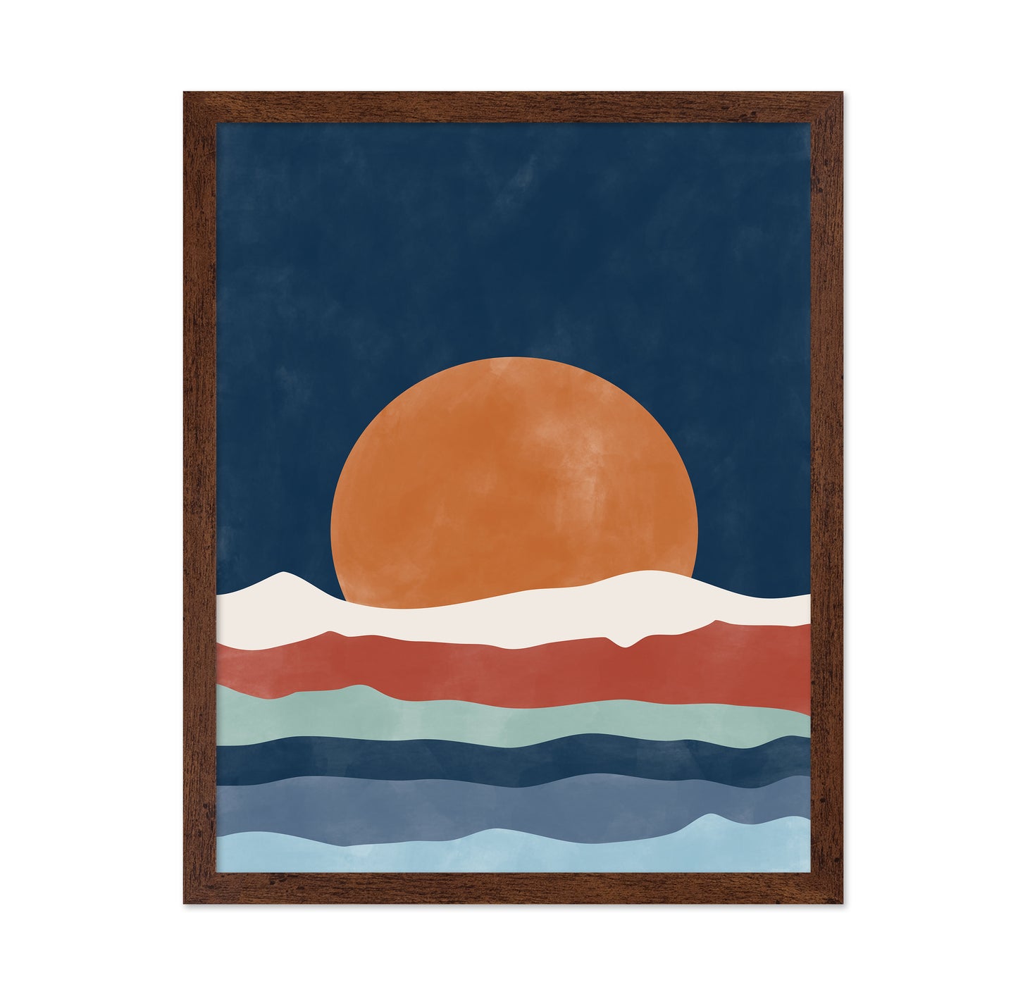 Large Orange Sun Setting Over Stylized Waves