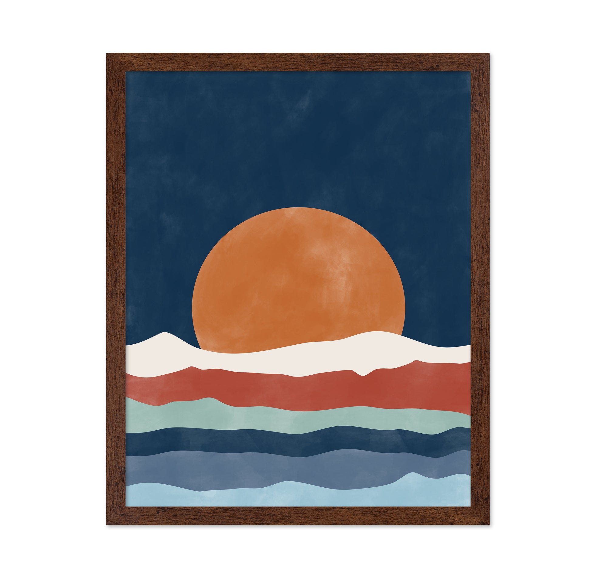 Large Orange Sun Setting Over Stylized Waves