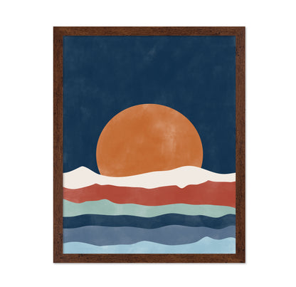 Large Orange Sun Setting Over Stylized Waves