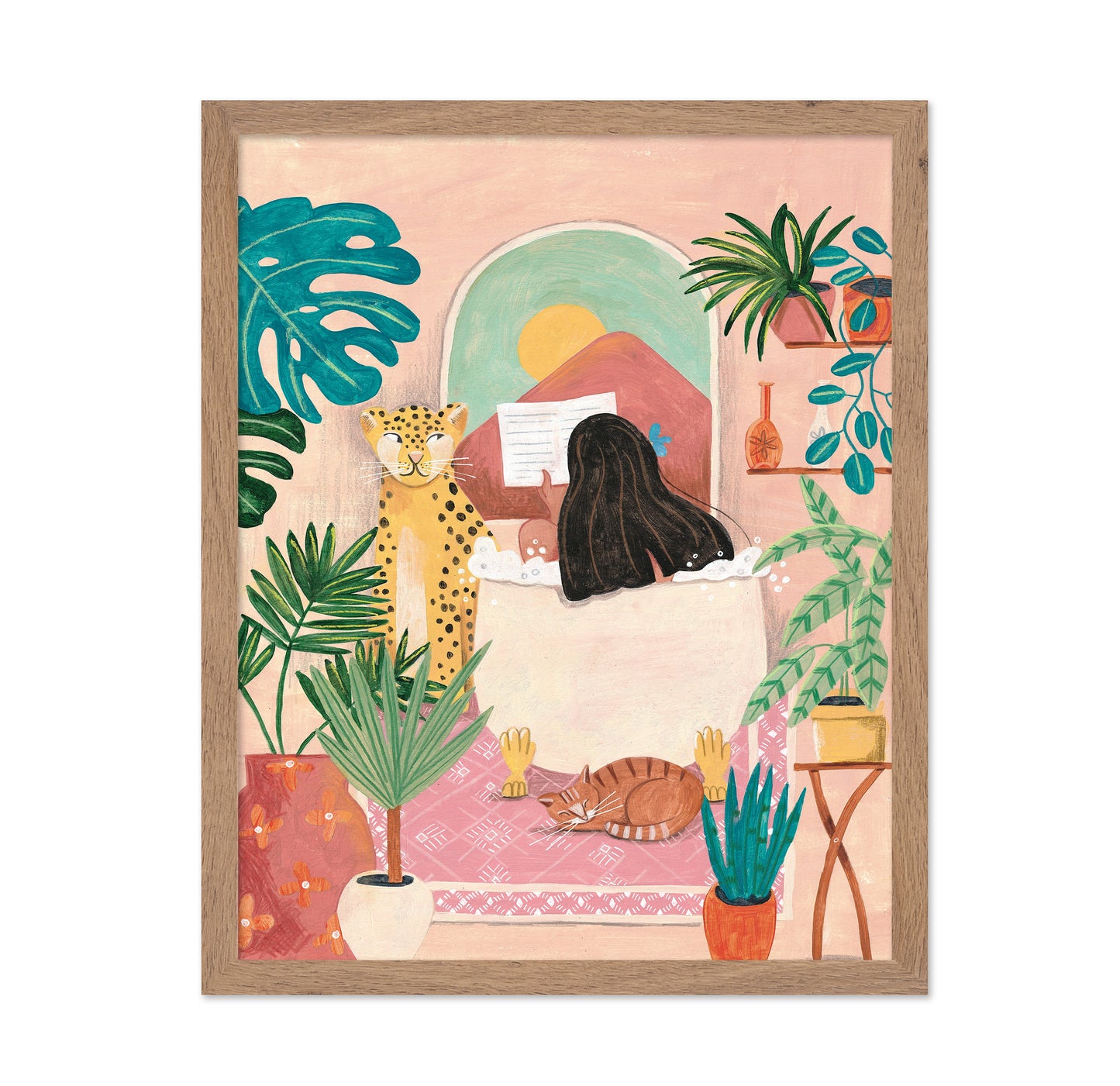 Woman Taking Bath In Pink Tropical Bathroom