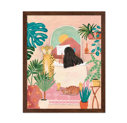 Woman Taking Bath In Pink Tropical Bathroom