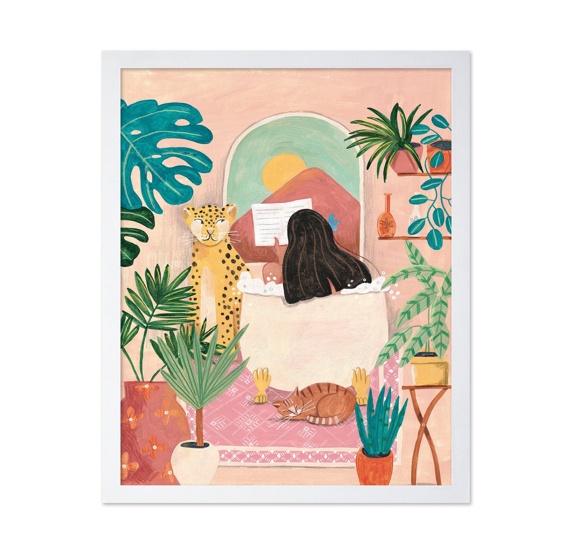 Woman Taking Bath In Pink Tropical Bathroom