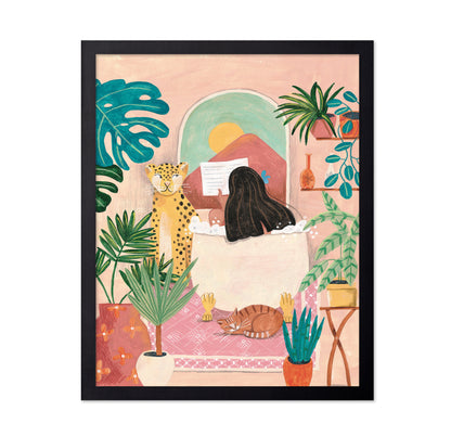 Woman Taking Bath In Pink Tropical Bathroom