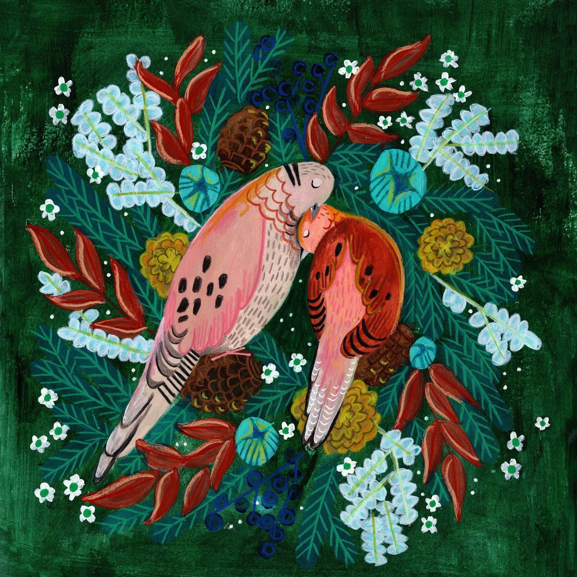 Winter Birds Turtle Dove In Green Christmas