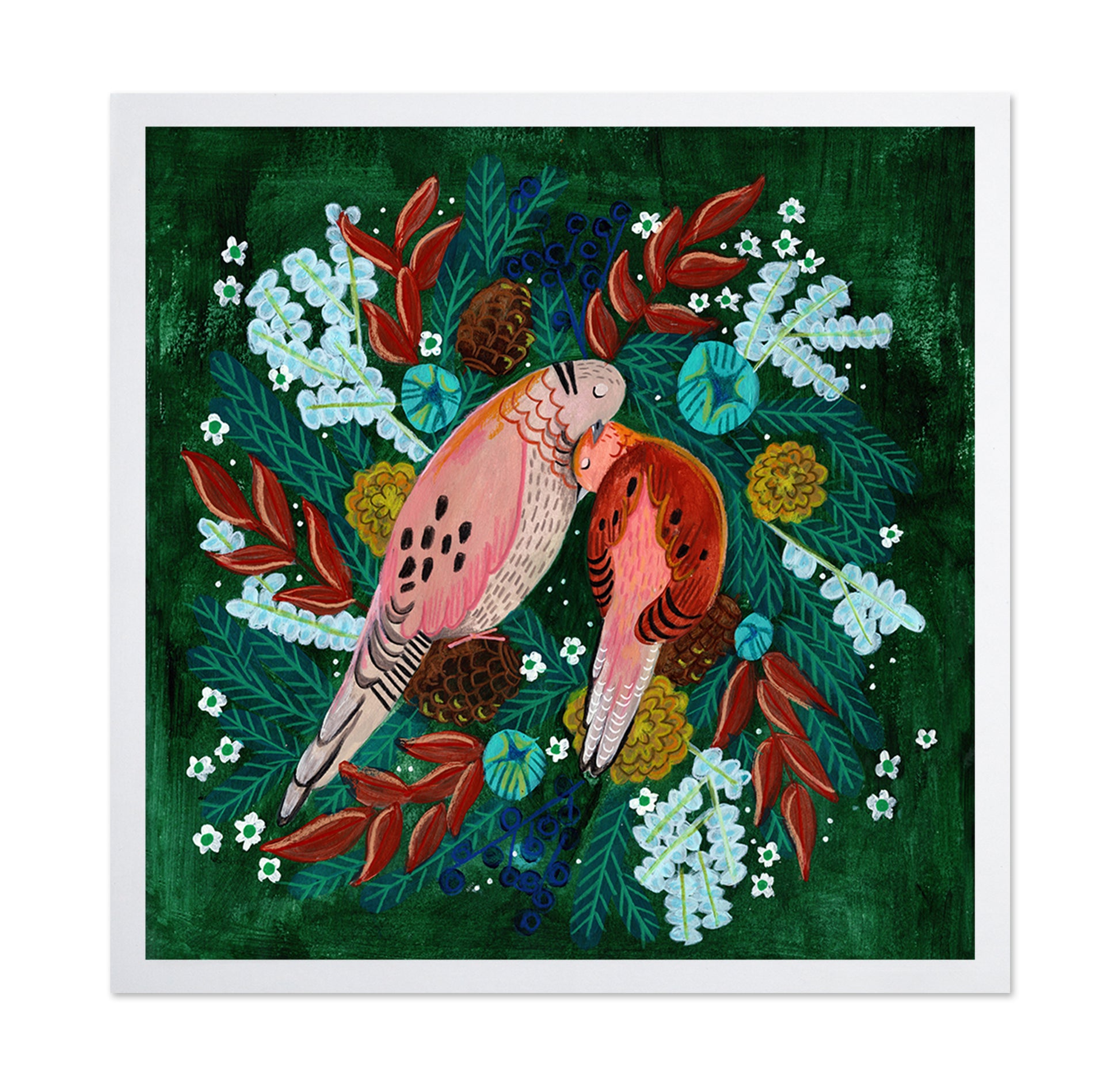Winter Birds Turtle Dove In Green Christmas