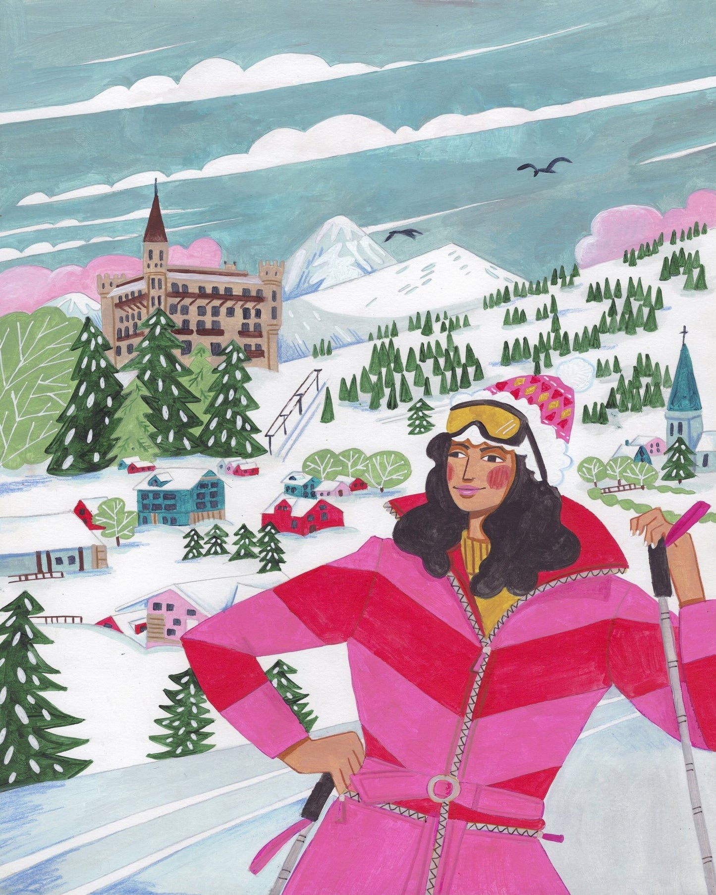 Winter Scene Woman Skiing Christmas