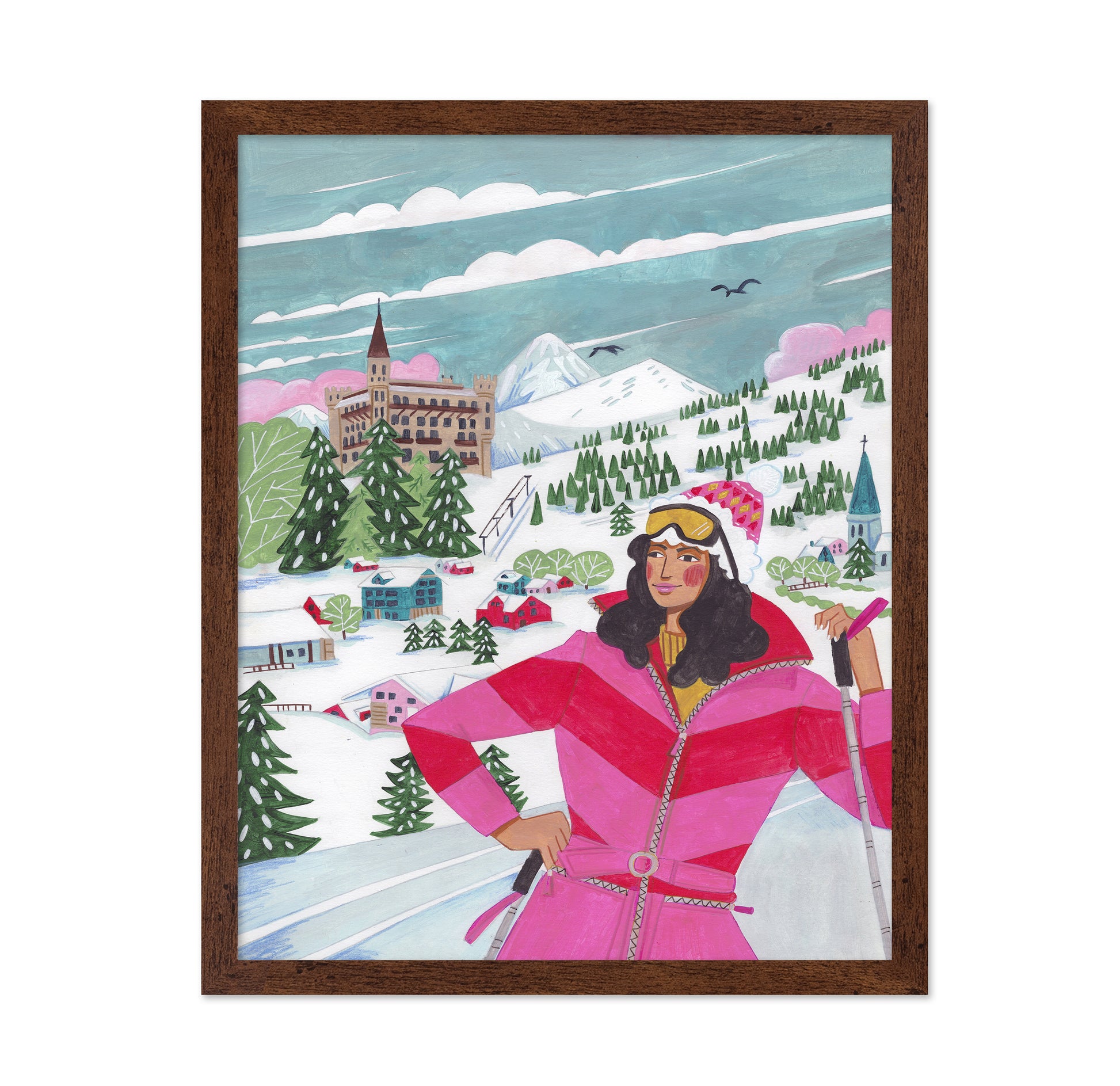 Winter Scene Woman Skiing Christmas