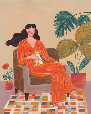 Woman With Cat In Living Room