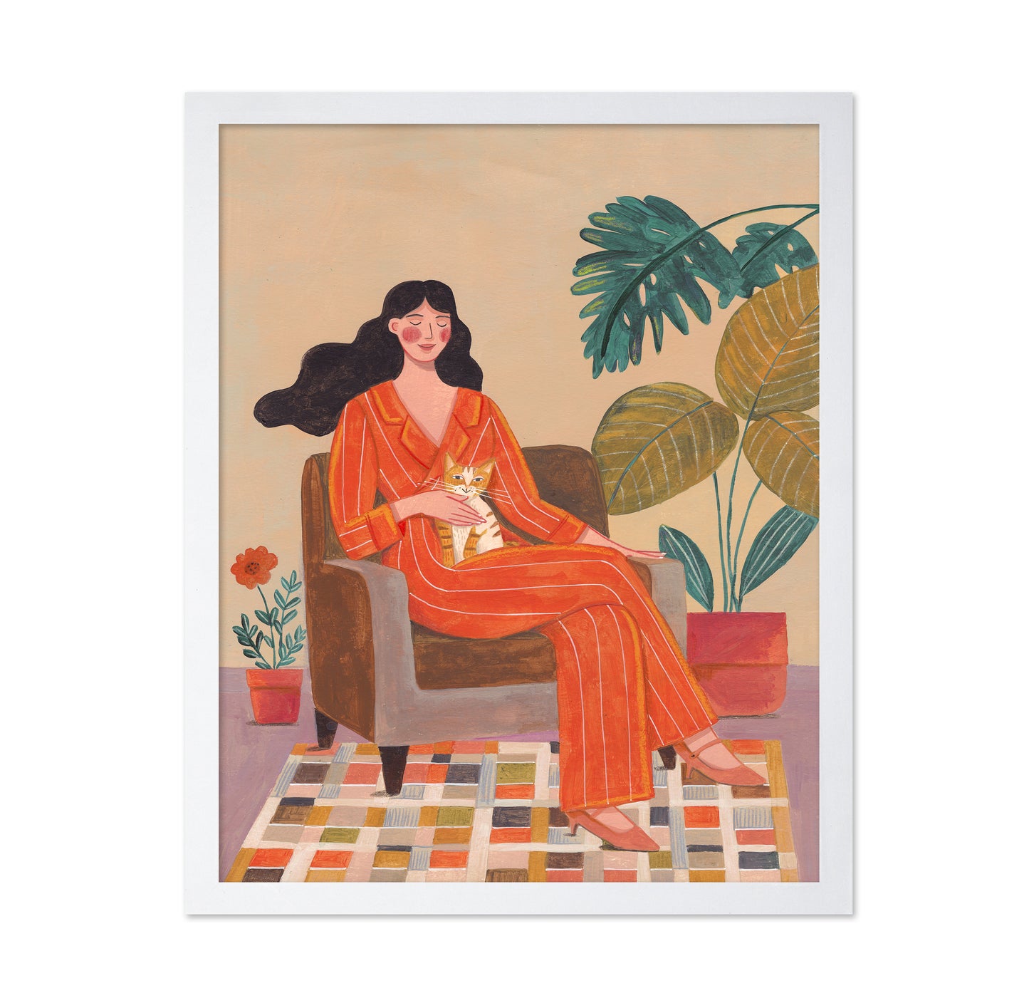 Woman With Cat In Living Room