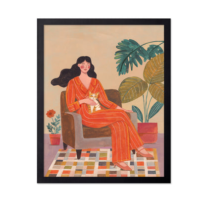 Woman With Cat In Living Room
