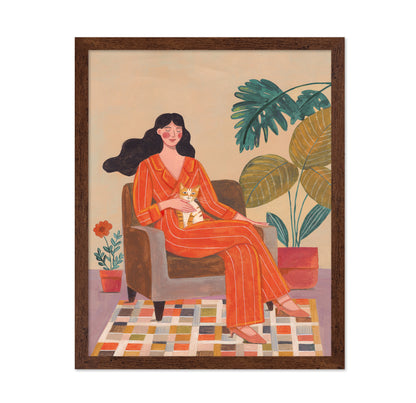 Woman With Cat In Living Room