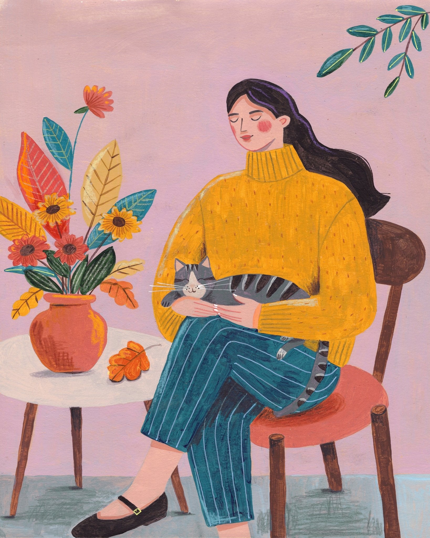 Woman With Cat And Autumn Bouquet