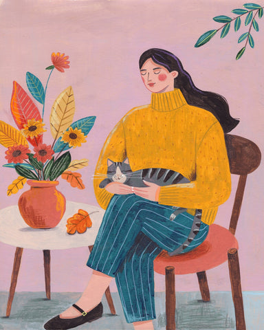 Woman With Cat And Autumn Bouquet