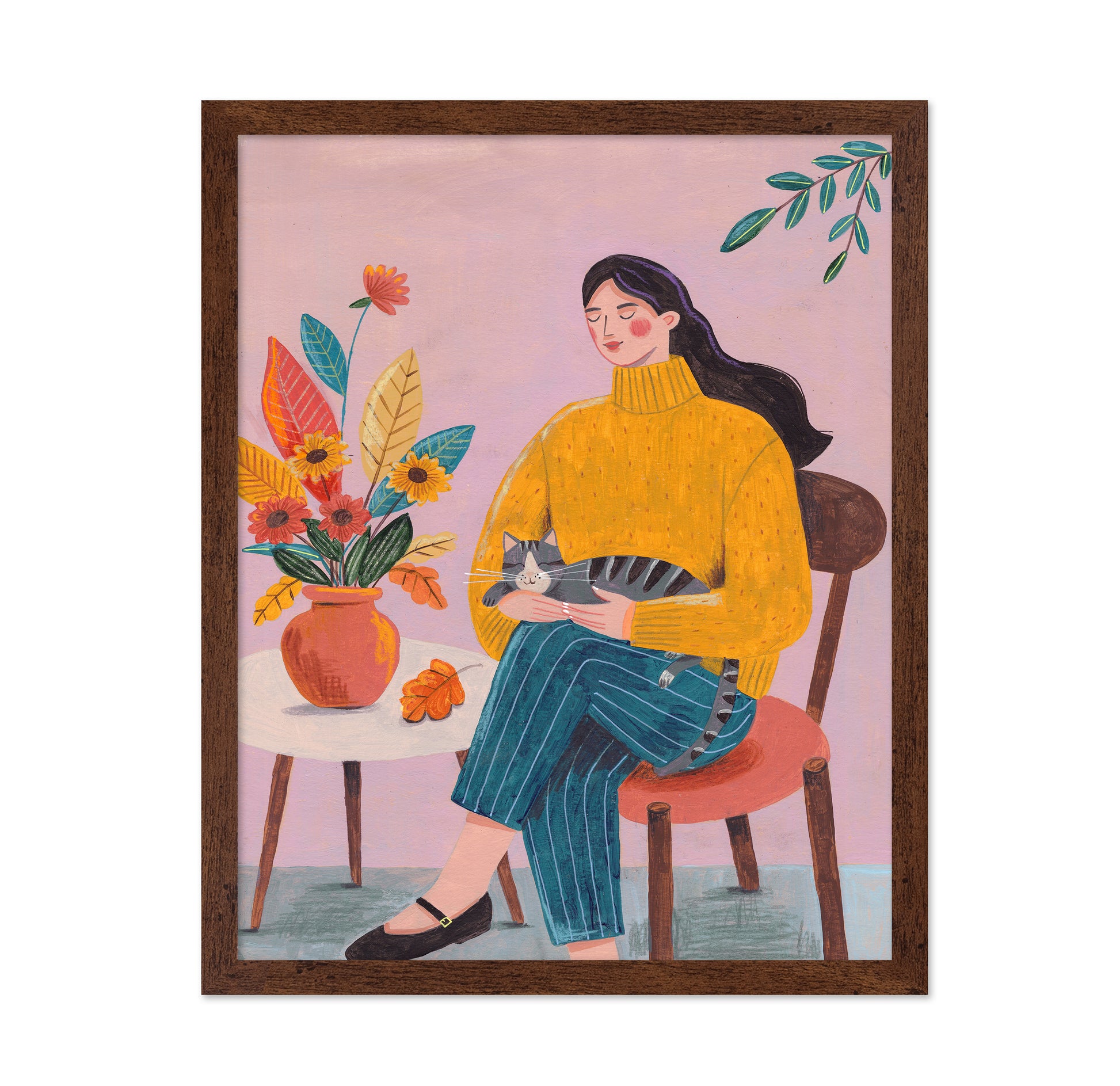 Woman With Cat And Autumn Bouquet