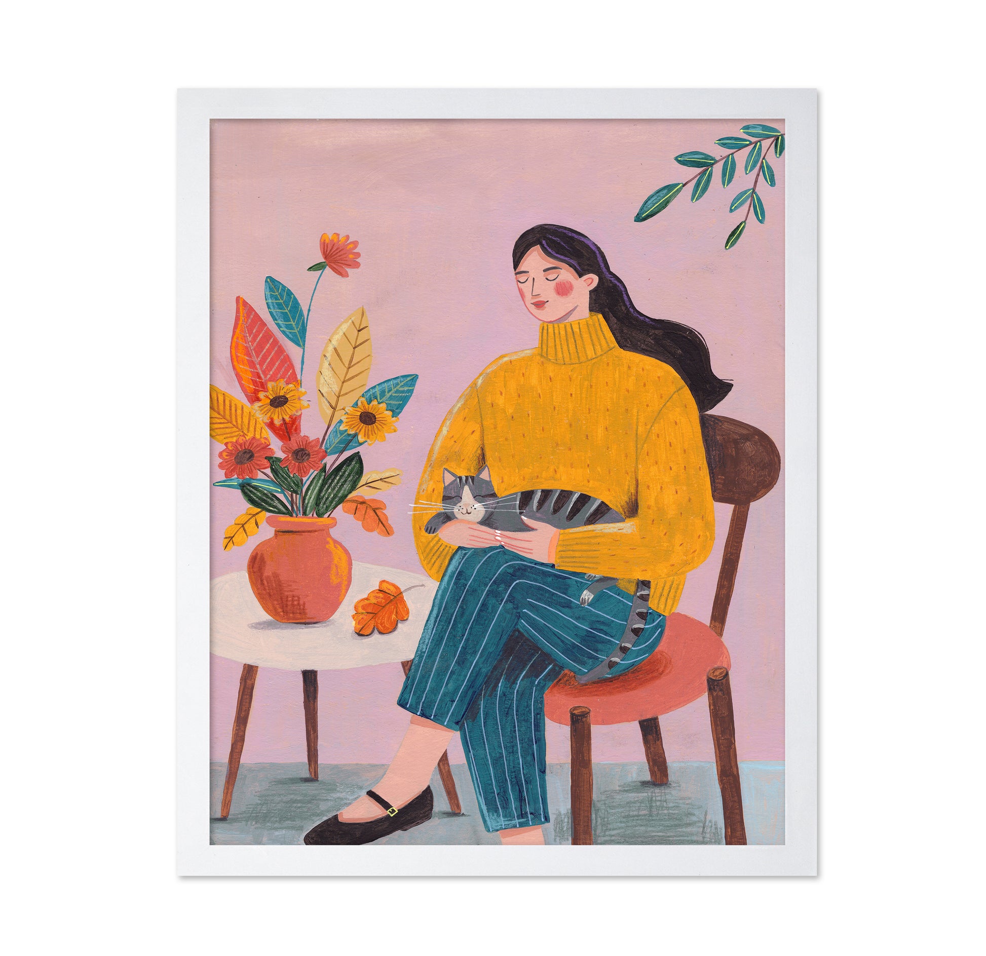 Woman With Cat And Autumn Bouquet
