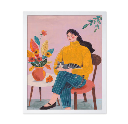 Woman With Cat And Autumn Bouquet