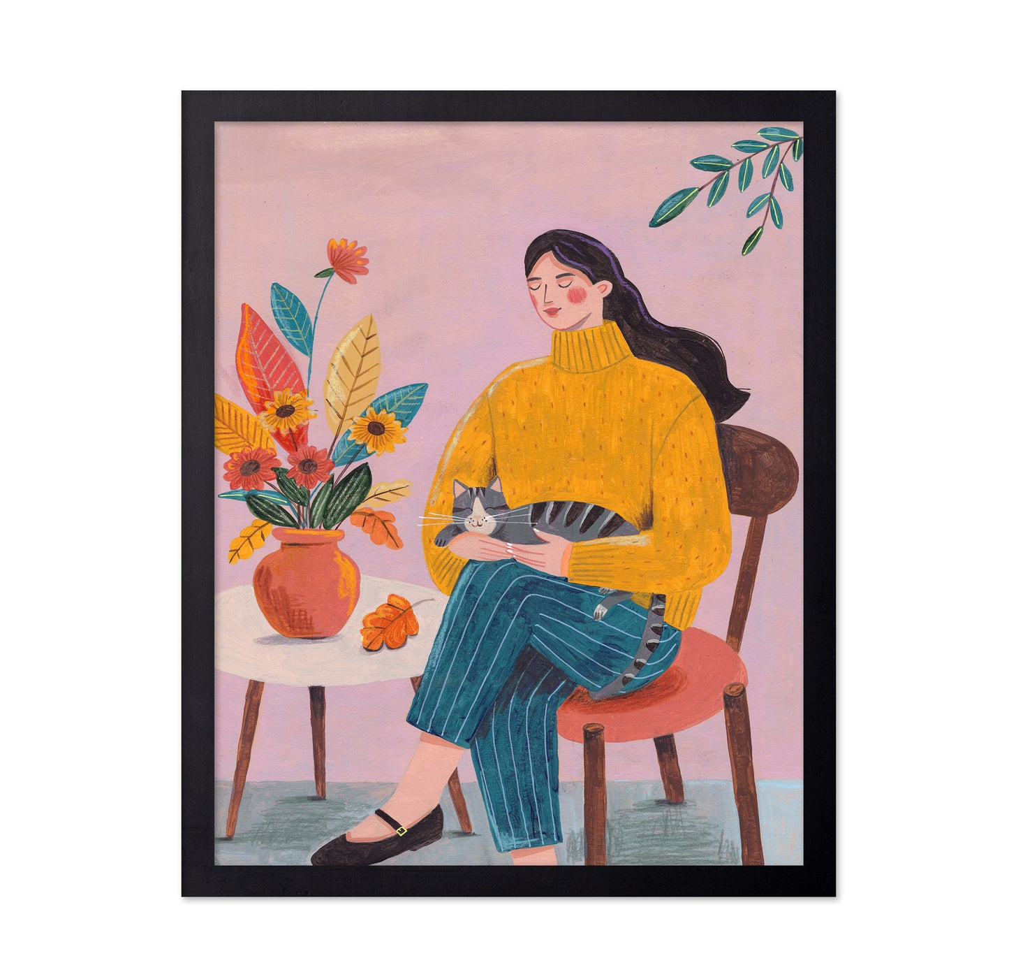 Woman With Cat And Autumn Bouquet