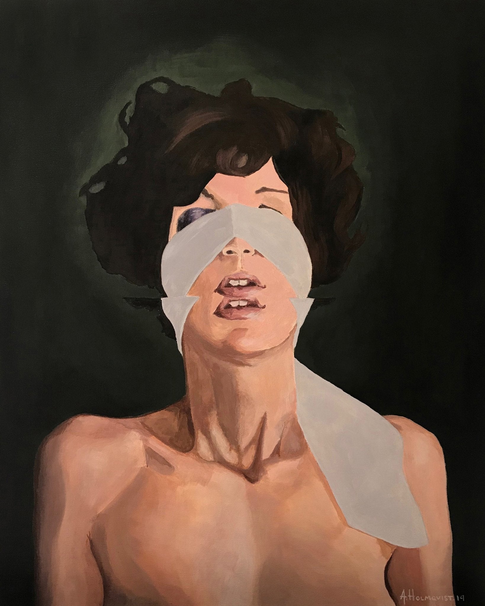 Woman With Her Eyes Obscured By White Tape
