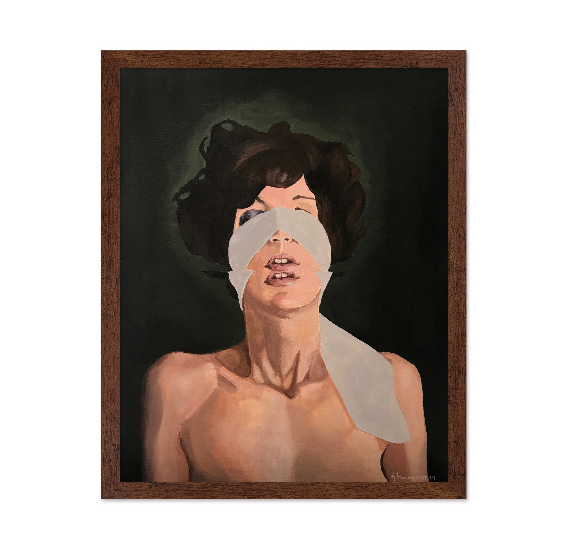 Woman With Her Eyes Obscured By White Tape