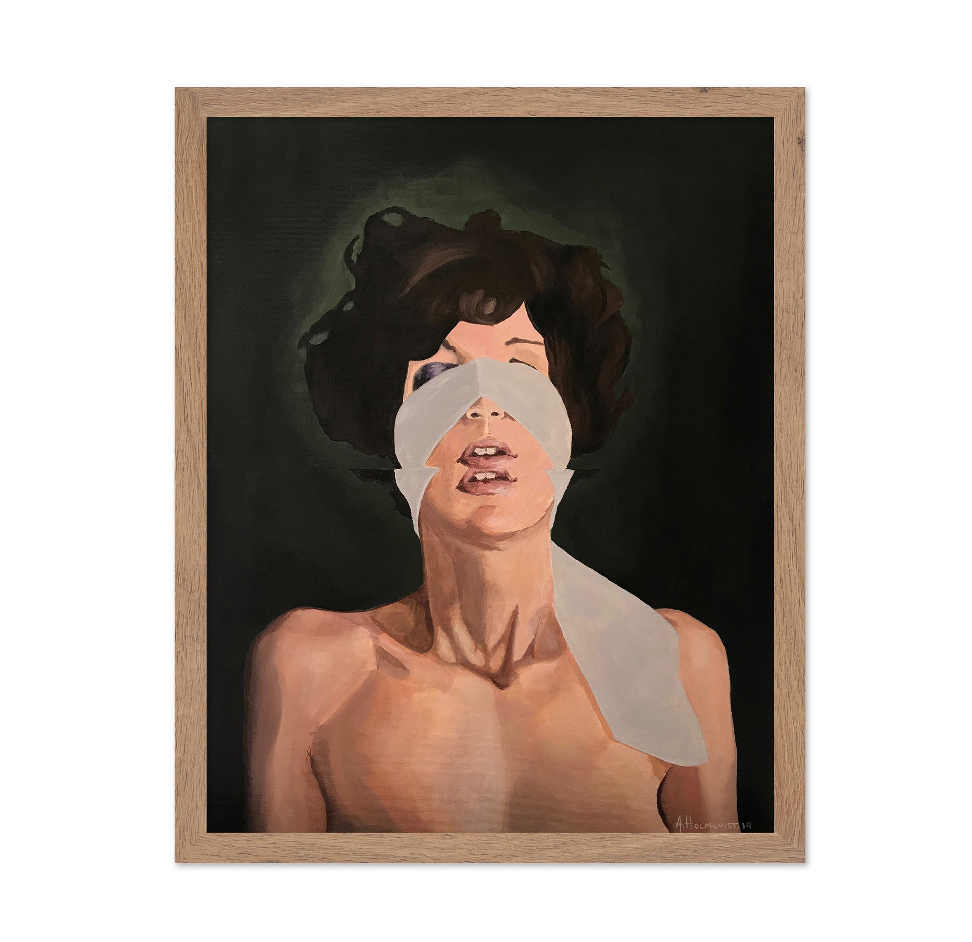 Woman With Her Eyes Obscured By White Tape