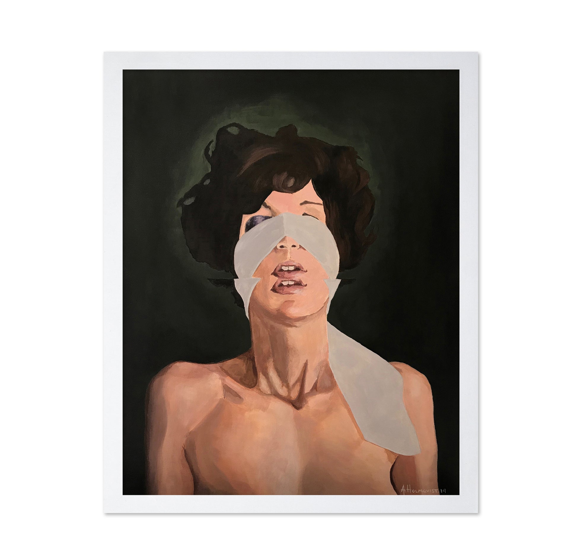 Woman With Her Eyes Obscured By White Tape