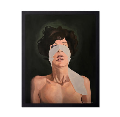 Woman With Her Eyes Obscured By White Tape