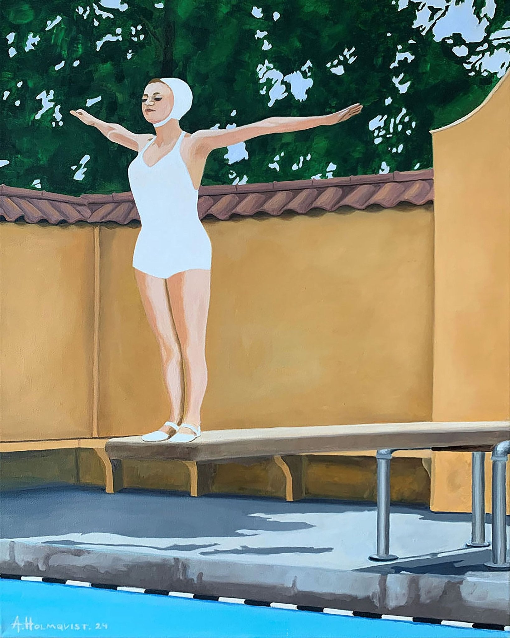 Female Swimmer Poised On A Diving Board