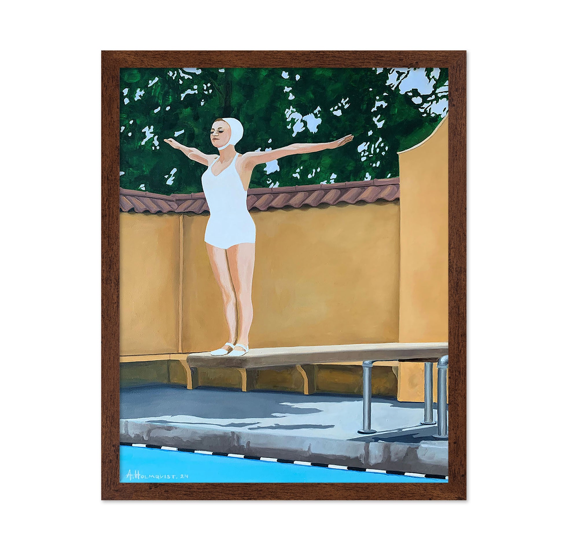 Female Swimmer Poised On A Diving Board