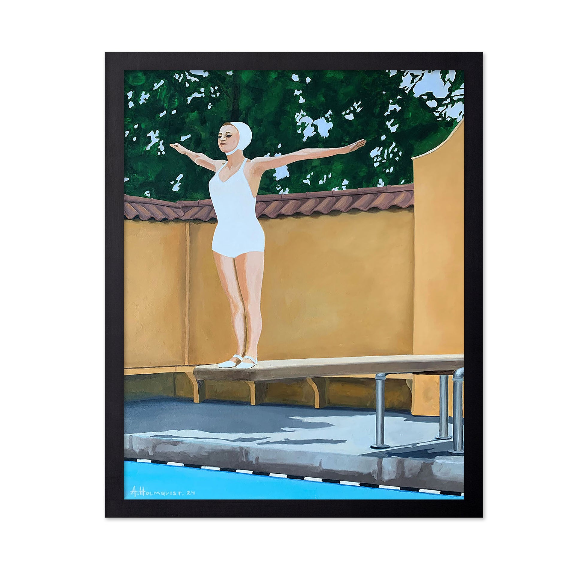 Female Swimmer Poised On A Diving Board